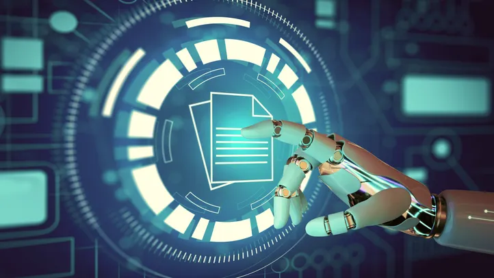 Mão robótica tocando um ícone de documentos sobre uma interface digital circular azul.