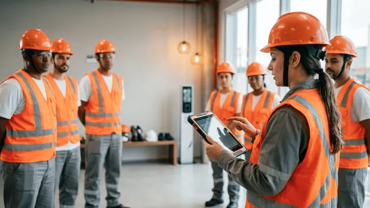 Instructora con tableta imparte una capacitación a trabajadores con casco y chaleco naranja.