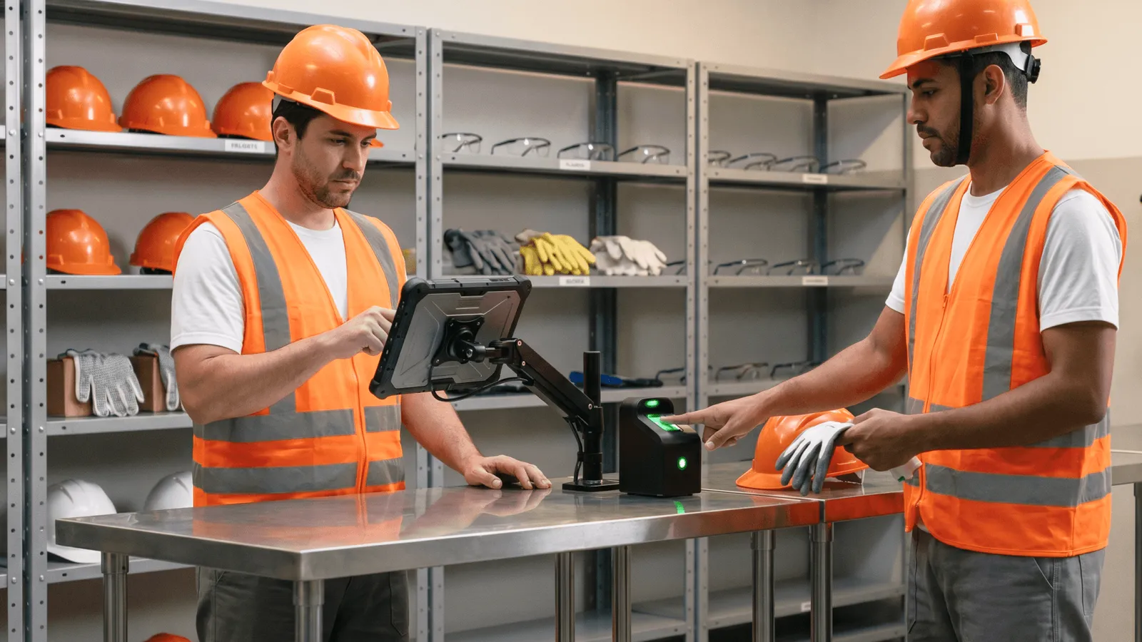 Dos trabajadores con casco y chaleco naranja registran la entrega de EPP en una terminal, en un almacén con estanterías de cascos y guantes.