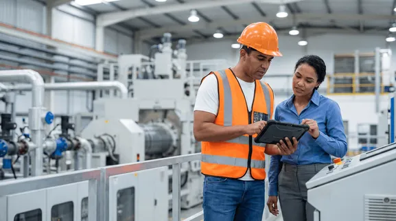 Dos profesionales con casco y chaleco naranja revisan una tableta en una planta industrial.