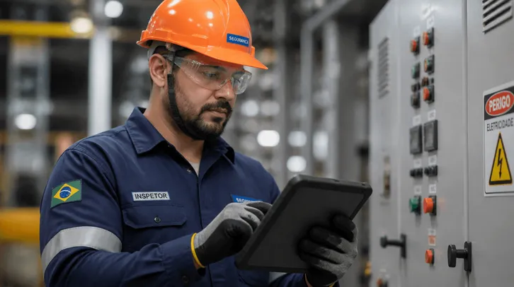 Inspetor de capacete laranja e óculos de proteção usa um tablet diante de um painel elétrico industrial.
