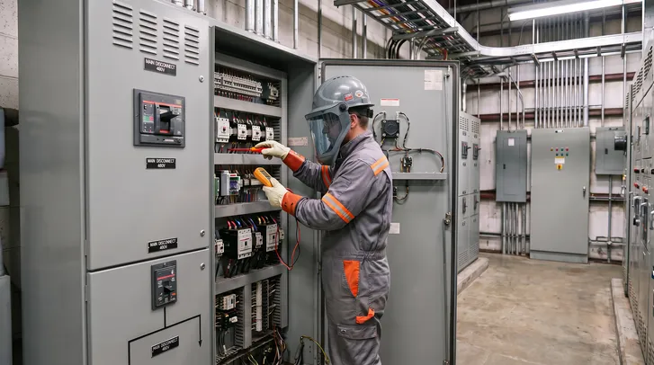 Eletricista com capacete, protetor facial e luvas isolantes fazendo medições em um painel elétrico de alta tensão.