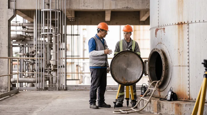 Supervisor e trabalhador realizam preparação para entrada em espaço confinado durante inspeção de segurança do trabalho em ambiente industrial, com abertura de tanque e equipamentos de monitoramento.