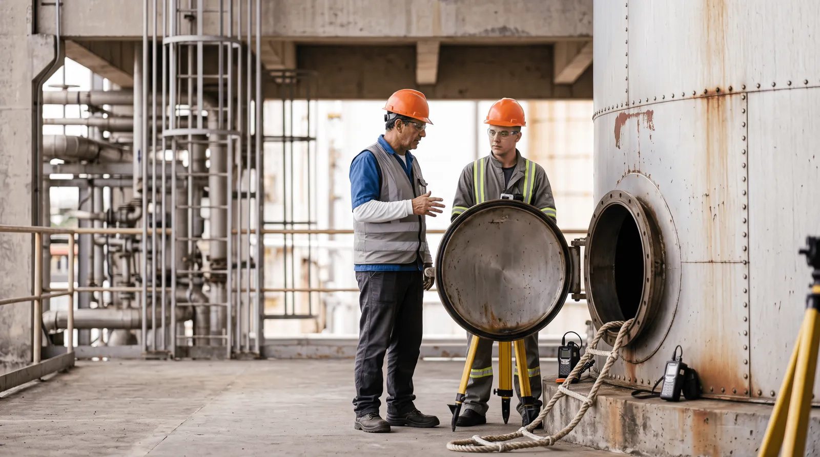 Supervisor e trabalhador realizam preparação para entrada em espaço confinado durante inspeção de segurança do trabalho em ambiente industrial, com abertura de tanque e equipamentos de monitoramento.