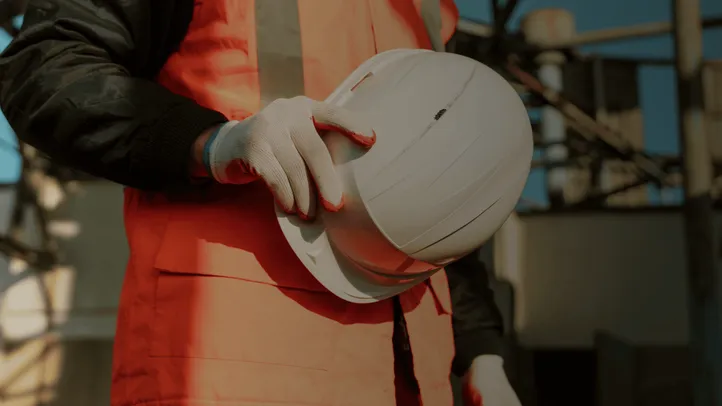 Trabajador con uniforme naranja sostiene un casco blanco frente a una obra.