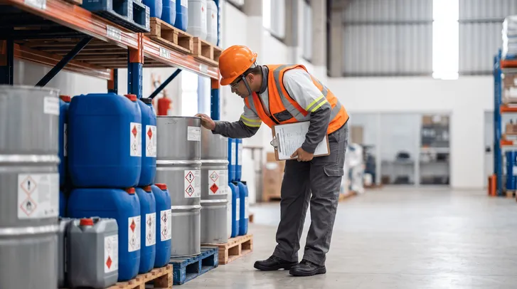 Worker in a hard hat and vest inspects chemical drums with hazard labels in a storage warehouse.
