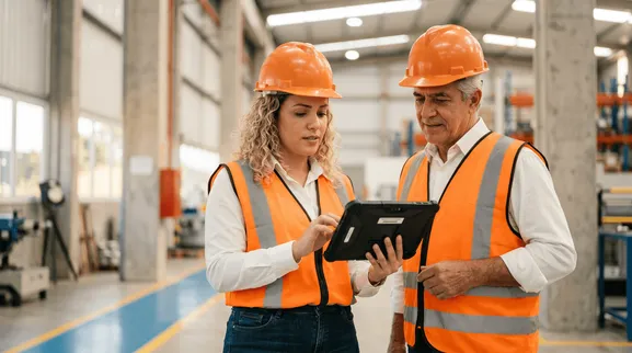 Dos profesionales con casco naranja analizan una tableta en una nave industrial.