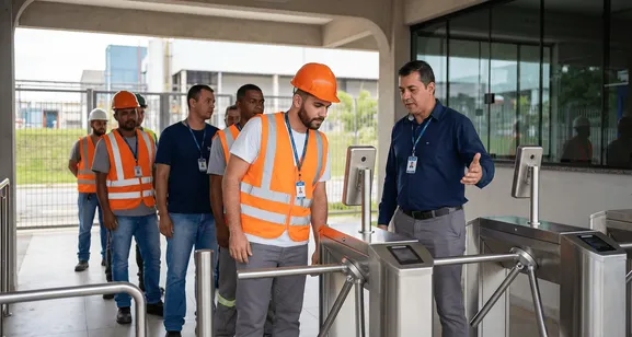 Fila de trabajadores pasando por el torniquete de la portería, con un supervisor orientando la entrada.