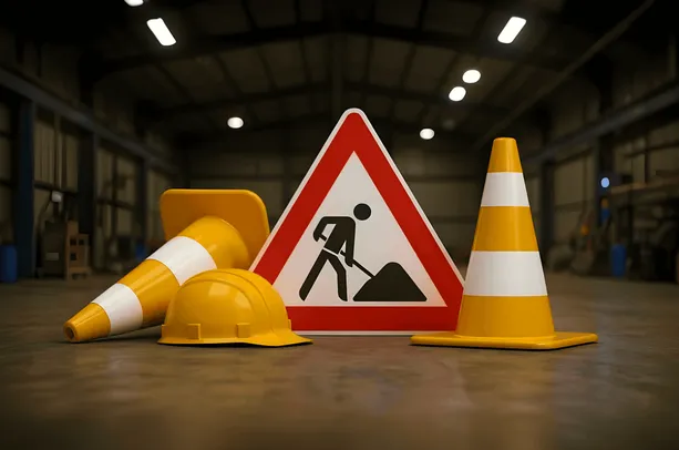Placa triangular de obras, cones de sinalização e capacete amarelo dispostos no piso de um galpão.