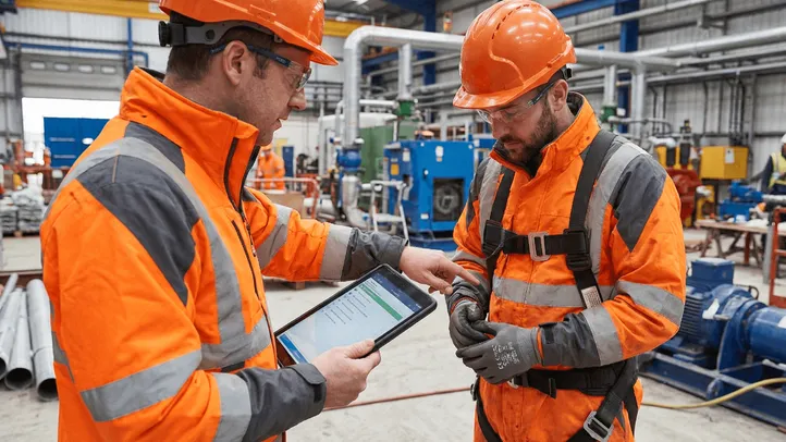 Dois profissionais de capacete laranja e uniforme refletivo analisam dados em um tablet dentro de uma planta industrial.