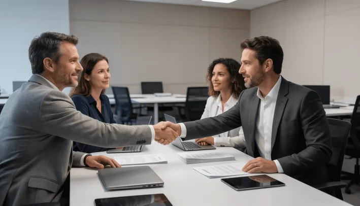 Aperto de mãos entre dois executivos ao fim de uma reunião em sala corporativa.