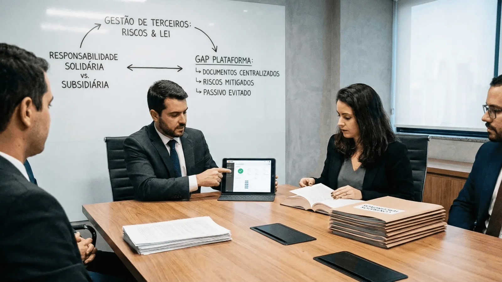 Reunión con carpetas de documentos sobre la mesa y, al fondo, una pizarra con el diagrama de responsabilidad solidaria y subsidiaria.