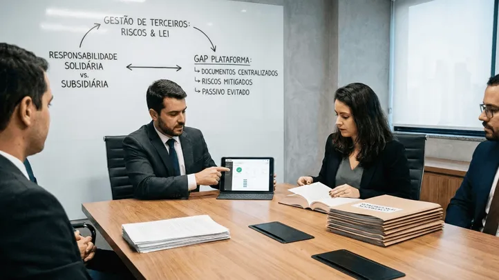 Reunión con carpetas de documentos sobre la mesa y, al fondo, una pizarra con el diagrama de responsabilidad solidaria y subsidiaria.