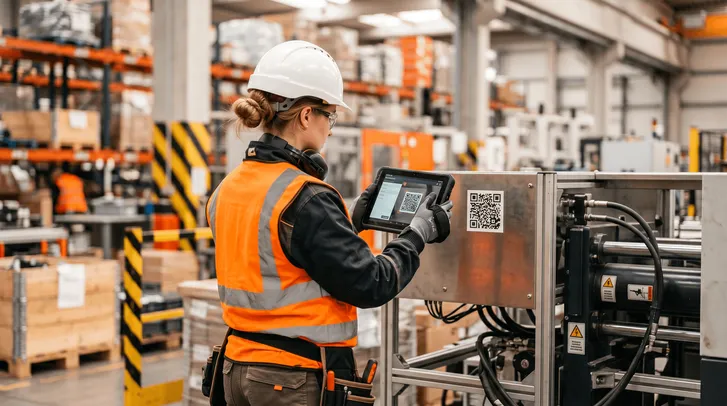Profissional realizando inspeção de equipamentos industriais com tablet e sistema de checklist digital para registro e controle de inspeções.
