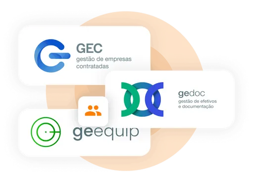 Logotipos de las soluciones de GAP Sistemas: GEC (gestión de empresas contratadas), gedoc (gestión de efectivos y documentación) y geequip. Ilustra la cartera de productos de la empresa.