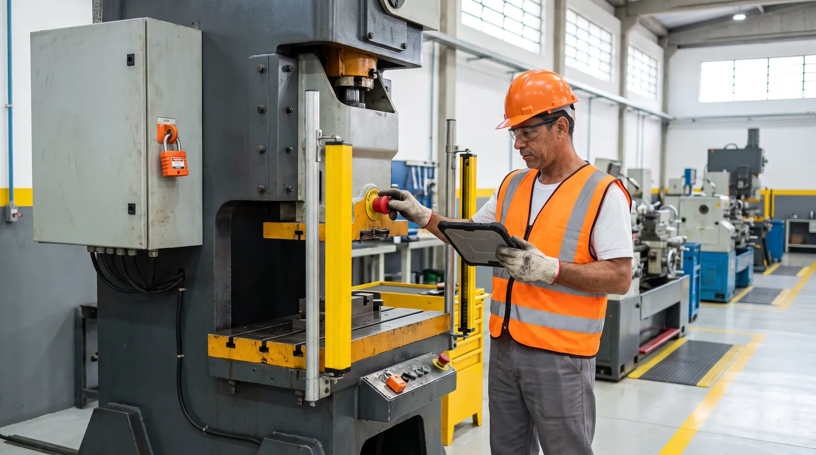 Trabalhador de capacete laranja, óculos de proteção e colete refletivo aciona o botão de emergência de uma prensa industrial enquanto consulta um tablet, com cadeado de bloqueio no painel elétrico ao lado.