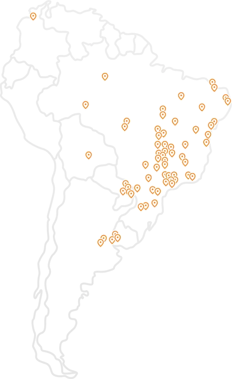 Mapa do Brasil e da América do Sul com marcadores nas cidades atendidas pela GAP Sistemas