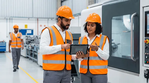Dos profesionales con casco y chaleco naranja consultan una tableta en una línea de producción.