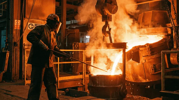 Operário trabalha próximo a uma panela de metal fundido em uma fundição, cercado de faíscas e brasa.