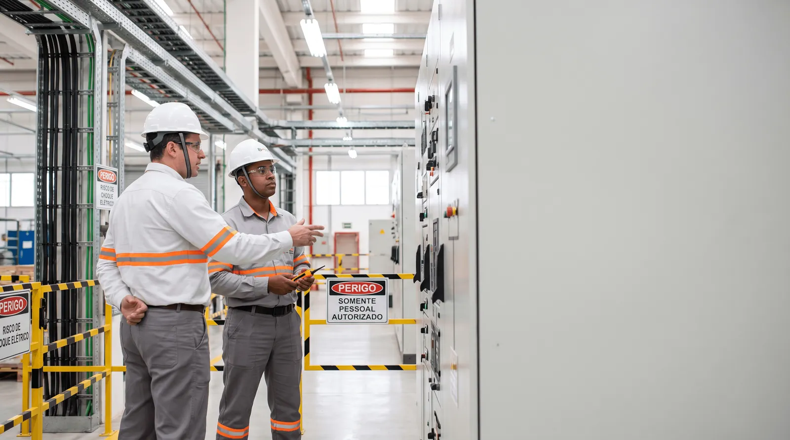 Dois profissionais de capacete branco diante de painéis elétricos sinalizados com aviso de acesso restrito.