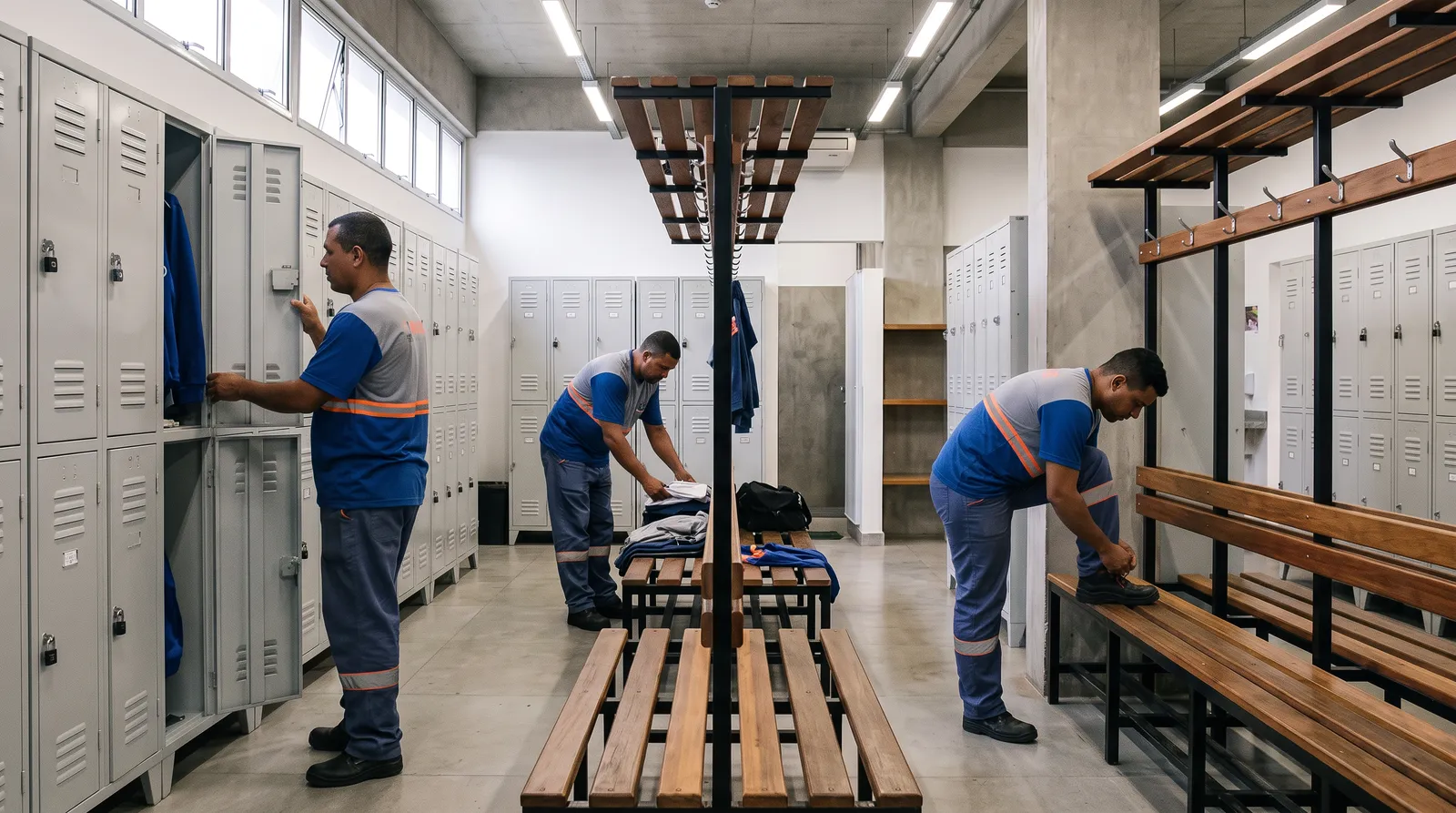 Trabalhadores de uniforme trocando de roupa em um vestiário com armários individuais e bancos de madeira.
