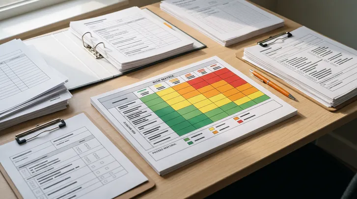 Documentos de gestão de riscos sobre uma mesa, com destaque para uma matriz de risco colorida em verde, amarelo, laranja e vermelho.