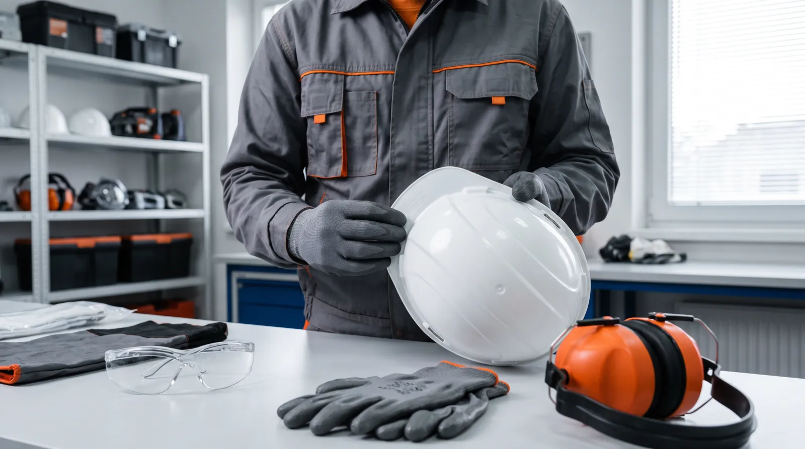 Trabalhador de uniforme examinando um capacete de segurança sobre uma mesa com óculos de proteção, luvas e protetor auricular.