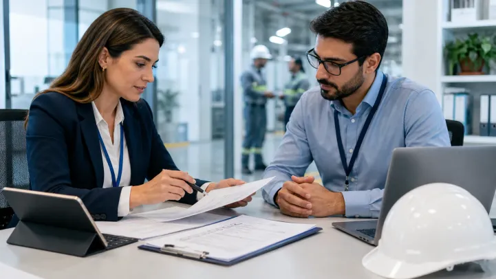 Dos personas analizan documentos en un escritorio de oficina, con un casco blanco junto a la computadora portátil.