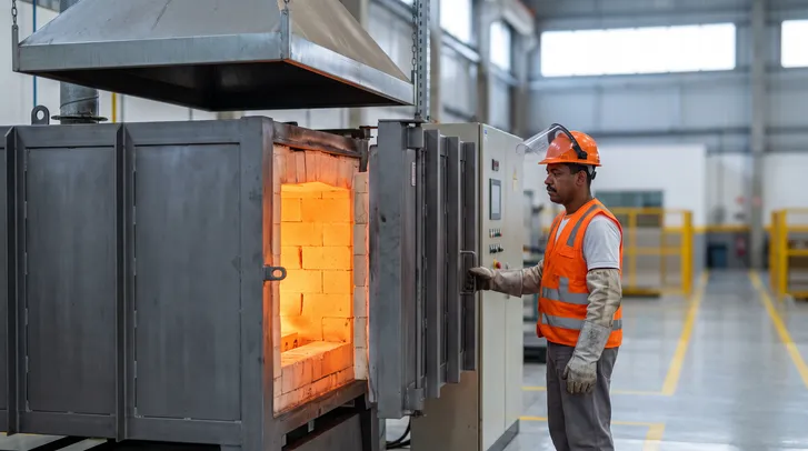 Operador de capacete laranja com protetor facial, colete refletivo e luvas e mangotes de raspa abre a porta de um forno industrial revestido de tijolos refratários incandescentes, sob uma coifa de exaustão.