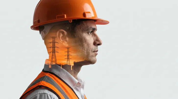 Montagem de dupla exposição com o perfil de um trabalhador de capacete laranja e colete refletivo, sobreposto a torres de transmissão de alta tensão e tanques de armazenamento ao pôr do sol.
