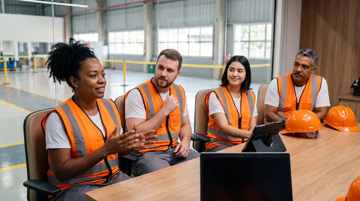 Quatro trabalhadores de colete refletivo laranja reunidos em uma mesa de sala envidraçada dentro de um galpão industrial, com capacetes, notebook e tablet sobre a mesa, enquanto uma colega fala ao grupo.
