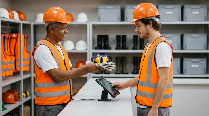 No balcão de um almoxarifado de EPIs, um trabalhador de capacete e colete laranja entrega luvas, óculos de proteção e protetor auricular a um colega, que confirma o recebimento pela biometria em um tablet, com capacetes, botas e coletes nas prateleiras ao fundo.