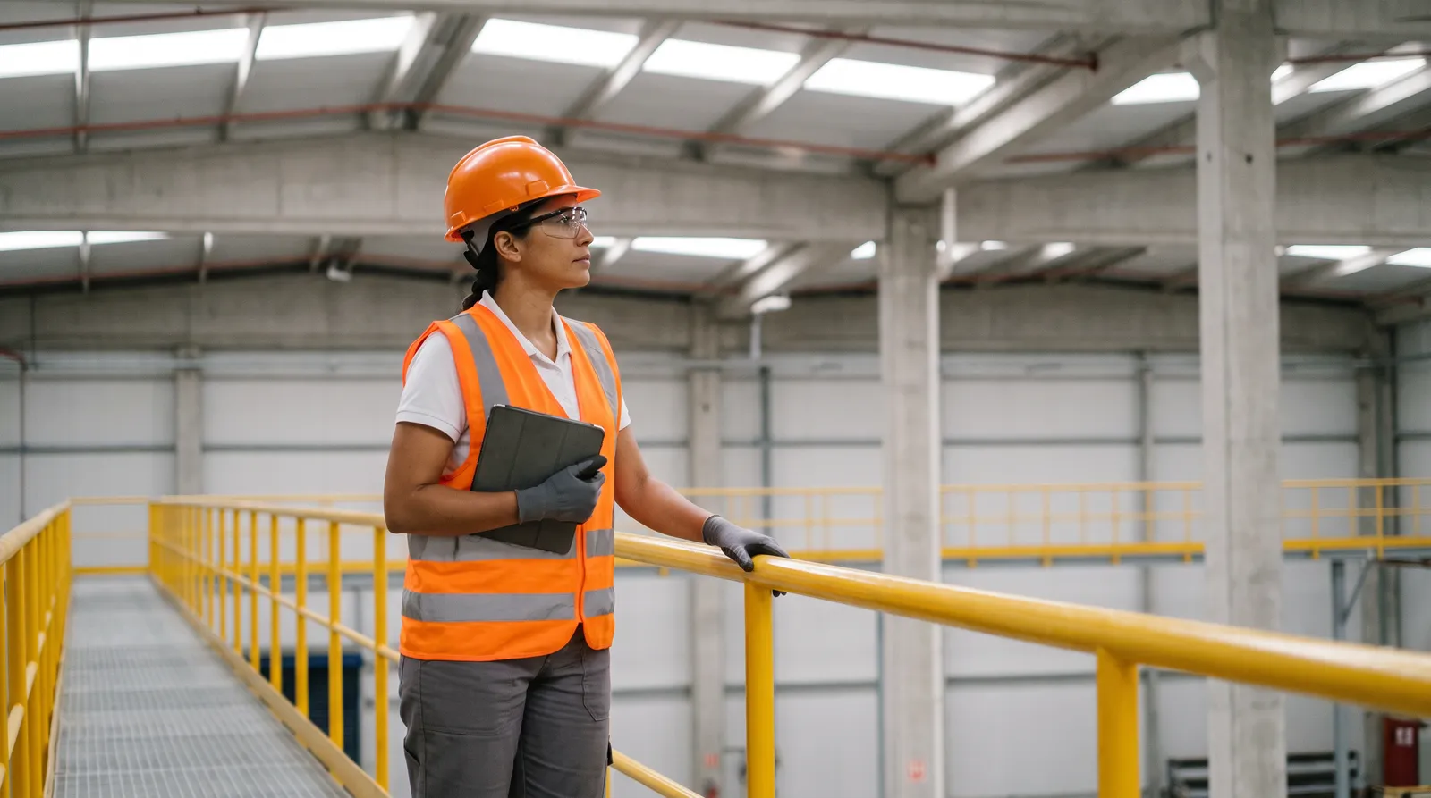 Técnica de segurança de capacete laranja, óculos de proteção, luvas e colete refletivo segura um tablet e observa a estrutura de um galpão industrial do alto de uma passarela com guarda-corpo amarelo.