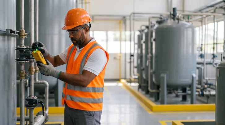 Técnico de segurança de capacete laranja, óculos de proteção, luvas e colete refletivo faz uma medição com um detector portátil amarelo junto às tubulações de uma planta industrial, com tanques de pressão ao fundo.