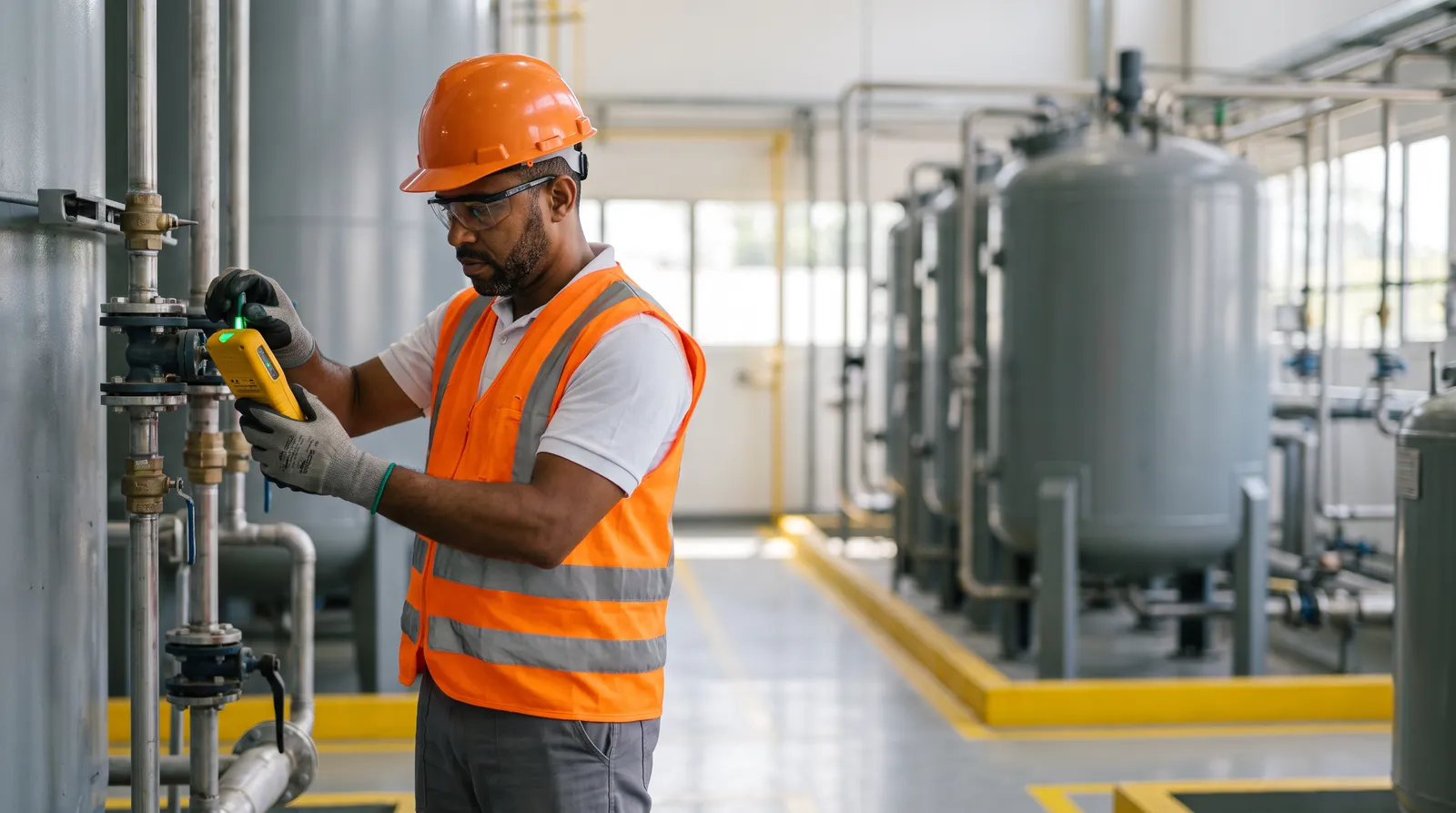 Técnico de segurança de capacete laranja, óculos de proteção, luvas e colete refletivo faz uma medição com um detector portátil amarelo junto às tubulações de uma planta industrial, com tanques de pressão ao fundo.
