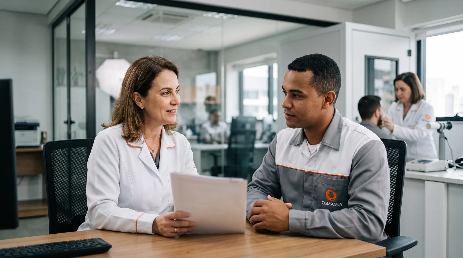 Médica do trabalho de jaleco conversa com um colaborador de uniforme sobre documentos em um consultório, com outros profissionais de saúde ao fundo.