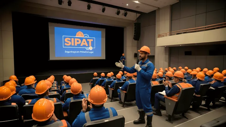 Auditório lotado de trabalhadores de uniforme azul e capacete laranja assistindo a uma palestra da SIPAT.