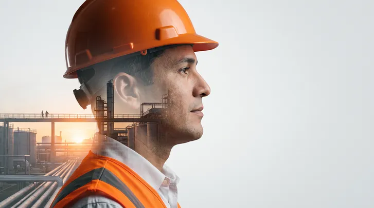 Montagem de dupla exposição mostrando o perfil de um trabalhador de capacete e colete laranja sobreposto a uma planta industrial ao entardecer.