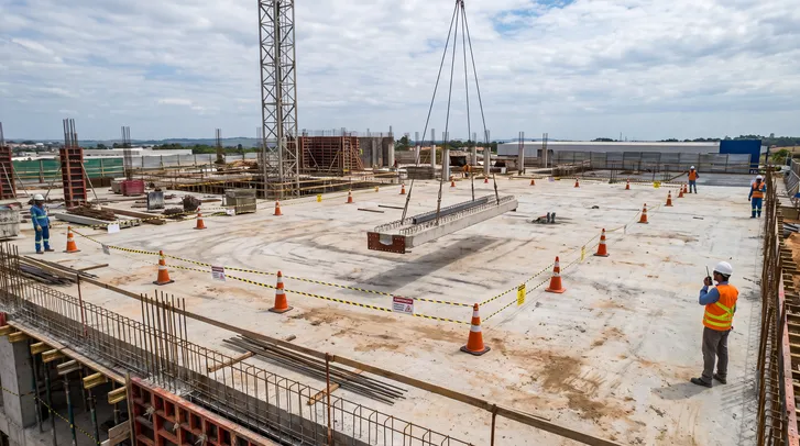 Guindaste içando uma viga pré-moldada de concreto em canteiro de obras, com a área isolada por cones e fita zebrada e um trabalhador de colete usando rádio comunicador em primeiro plano.