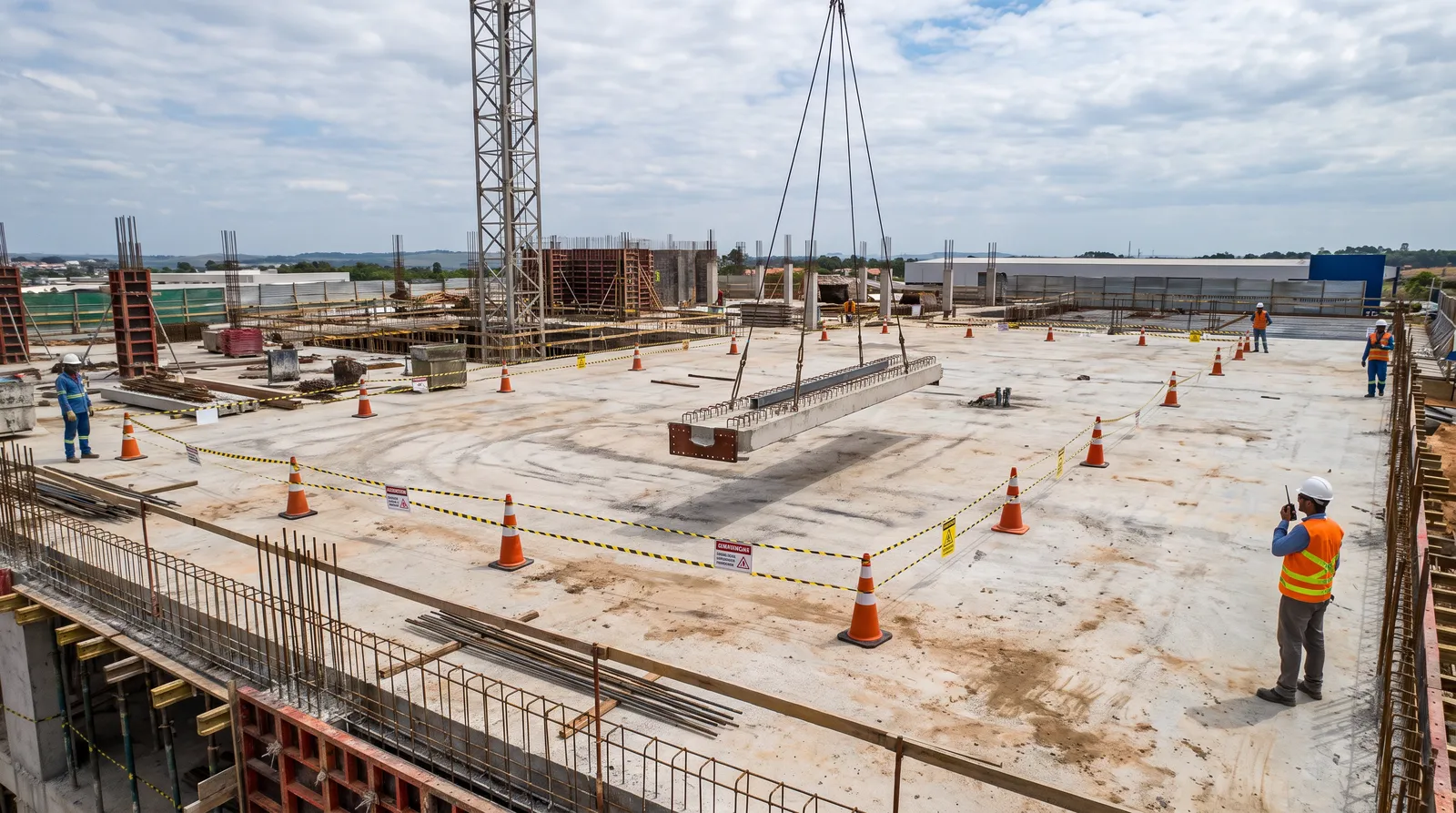 Guindaste içando uma viga pré-moldada de concreto em canteiro de obras, com a área isolada por cones e fita zebrada e um trabalhador de colete usando rádio comunicador em primeiro plano.
