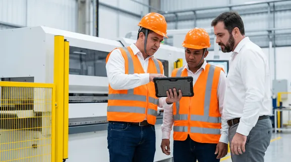 Tres profesionales analizan una tableta junto a una máquina en una nave industrial.
