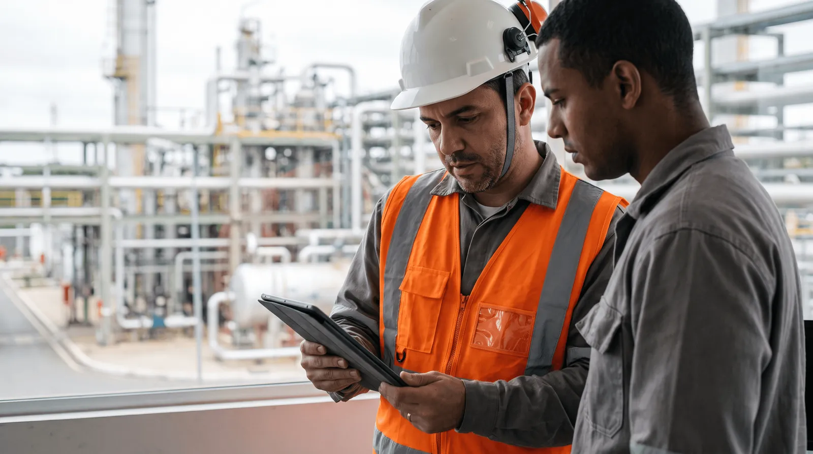 Dos trabajadores revisan una tableta en una pasarela con vista a una refinería.