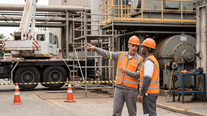 Dois técnicos de capacete e colete laranja avaliam a área de içamento de um guindaste isolada por cones.