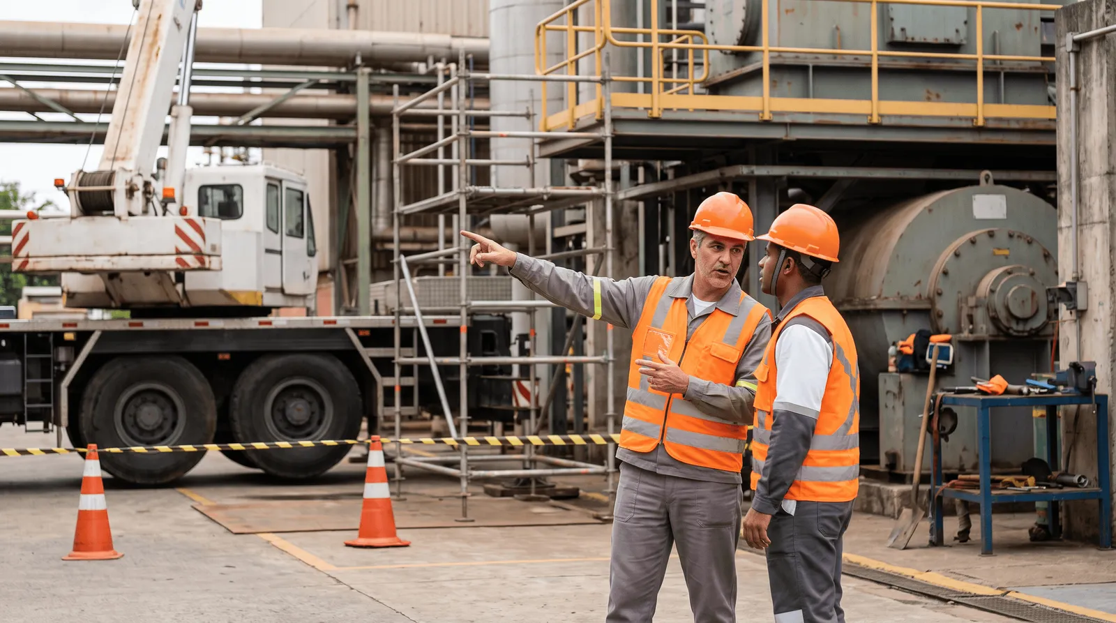 Two technicians in orange hard hats and vests assess a crane lifting area cordoned off with cones.