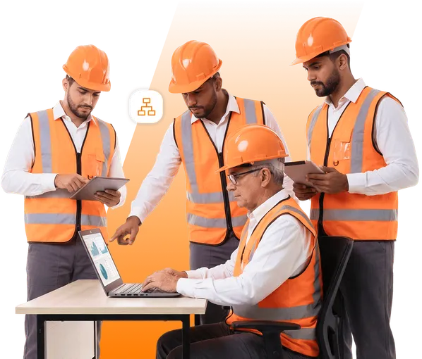 Profesional de seguridad con casco, gafas y protector auditivo, haciendo el gesto de 'aprobado' y sosteniendo una tableta. Al lado, el logo 'GEC - gestión de empresas contratadas', simbolizando la seguridad en la gestión de terceros.