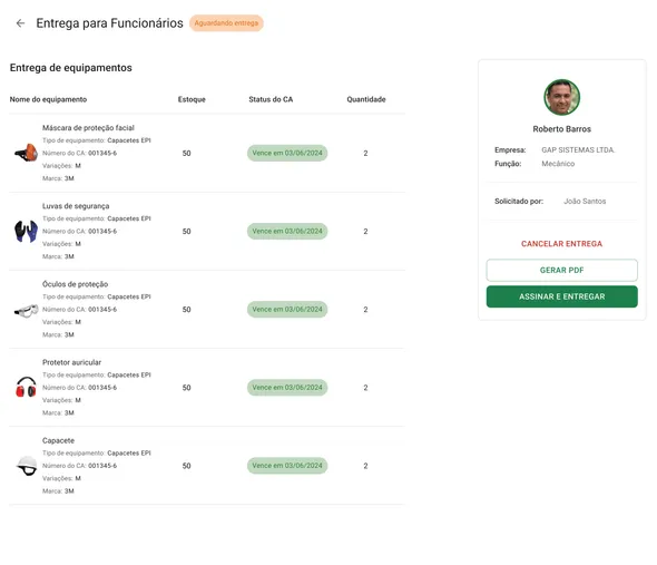 Pantalla del sistema de GAP, que muestra el registro de las entregas de EPI realizadas a un colaborador
