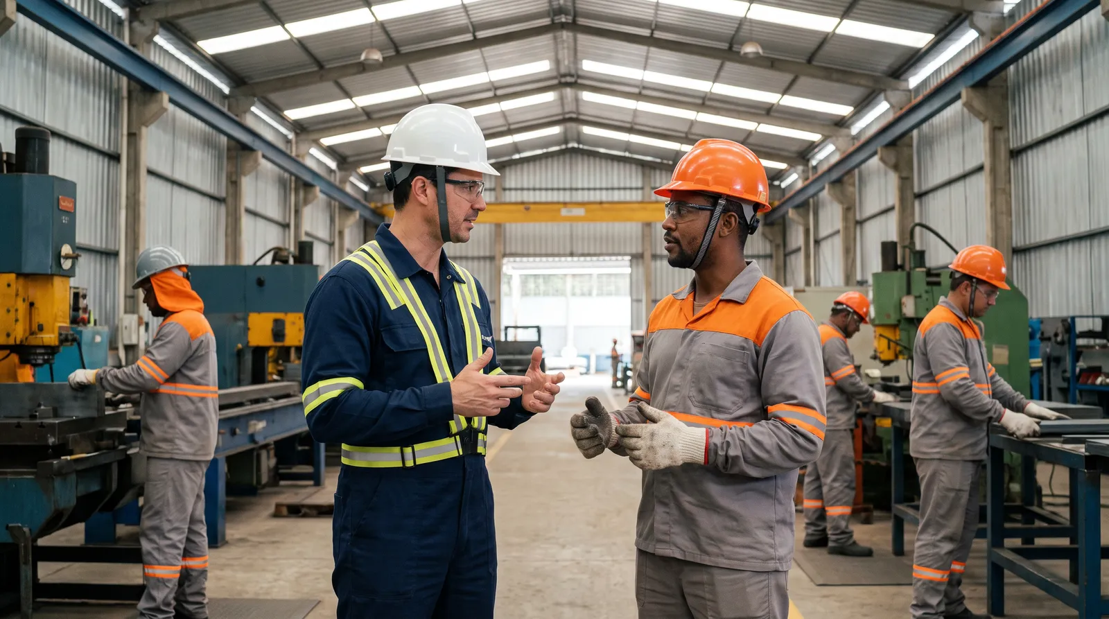Dois trabalhadores de empresas diferentes, um de uniforme azul-marinho e outro de laranja e cinza, conversam em um galpão industrial com outros colaboradores ao fundo.