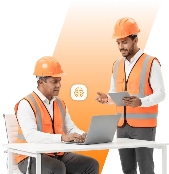 Trabajador con casco de seguridad, mirando el teléfono, con símbolos del sistema Geequip alrededor