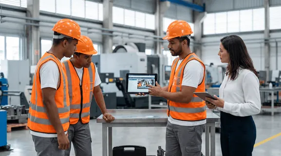 Grupo de trabajadores con casco naranja acompaña a una instructora que presenta contenido en un monitor.
